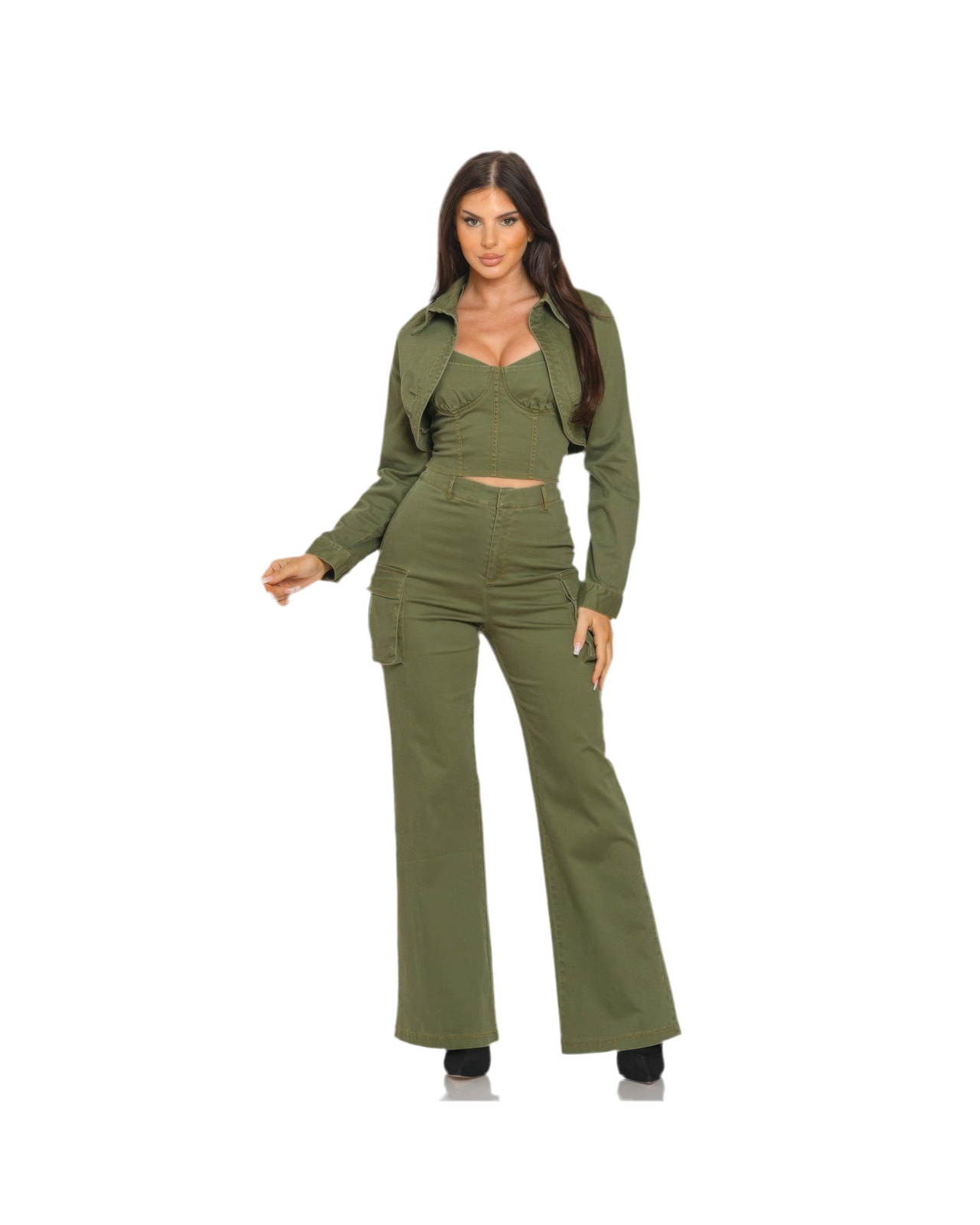 Earthtone Denim Crop Jacket 3PC Set – Stylish & Versatile Denim Set