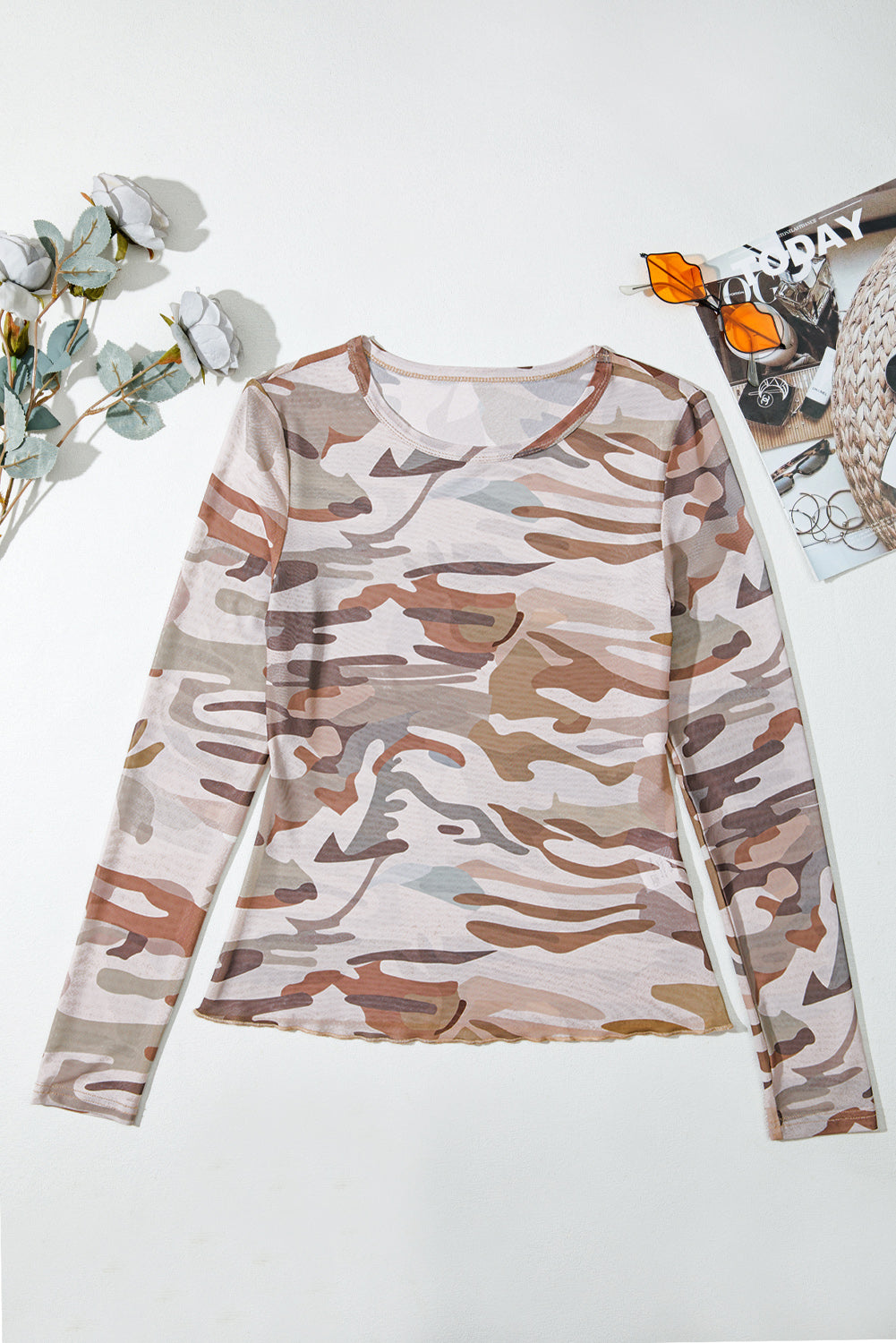 Green Camouflage Print Slim Fit Long Sleeve Top – Women's - Modestly Vogue