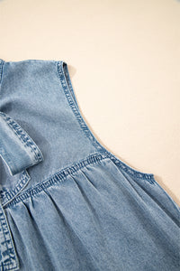 Real Teal Bowknot Neck Sleeveless Ruffled Chambray Dress - Modestly Vogue