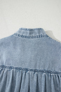 Real Teal Bowknot Neck Sleeveless Ruffled Chambray Dress - Modestly Vogue