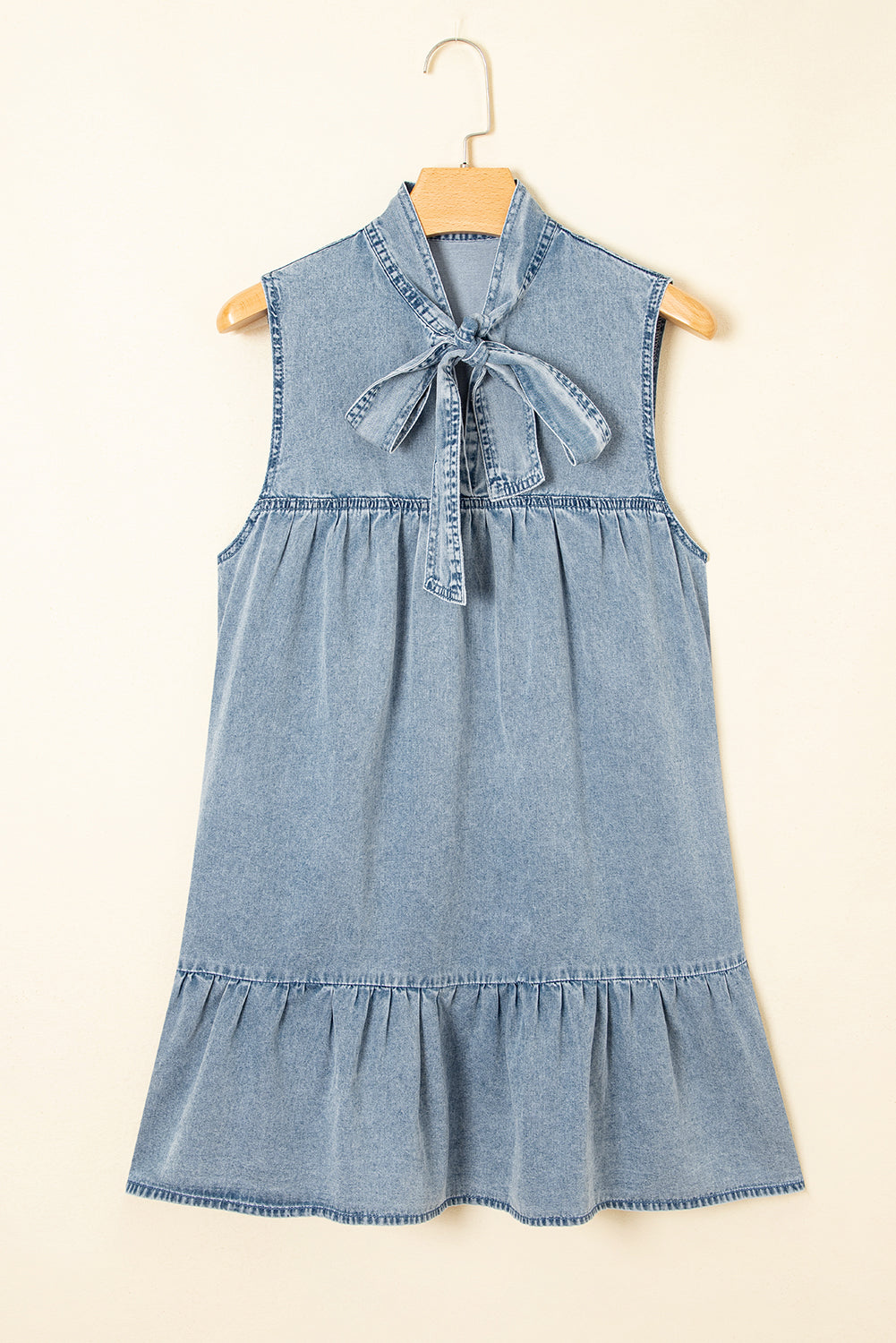 Real Teal Bowknot Neck Sleeveless Ruffled Chambray Dress - Modestly Vogue