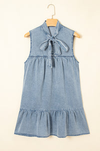 Real Teal Bowknot Neck Sleeveless Ruffled Chambray Dress - Modestly Vogue