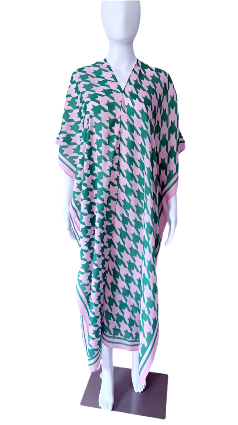 Pink and Green Houndstooth Long Kimono