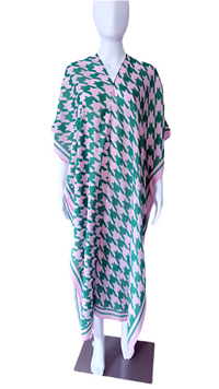 Pink and Green Houndstooth Long Kimono