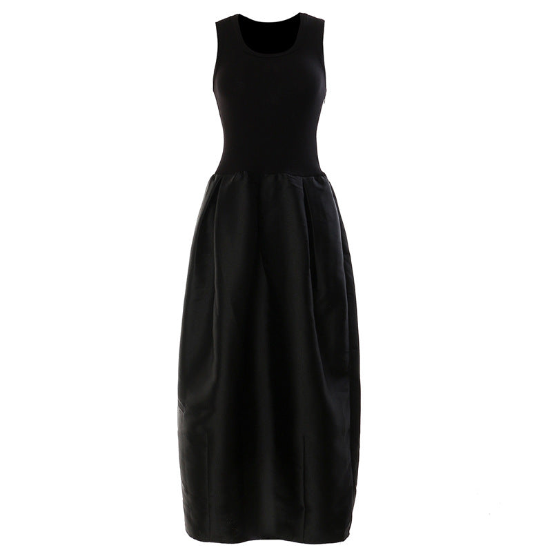 Black Knitted High Elastic Vest Stitching Hem Girl Dress
