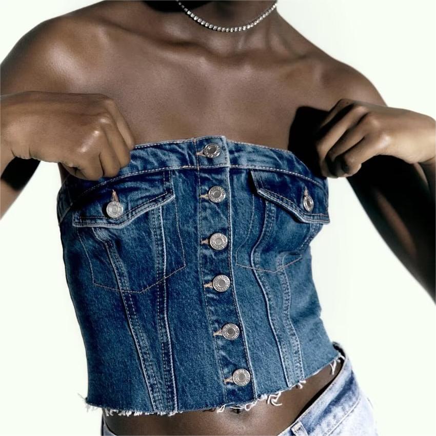 Washed Denim Corset Tube Top – Sweet Sleeveless Women’s Style - Modestly Vogue