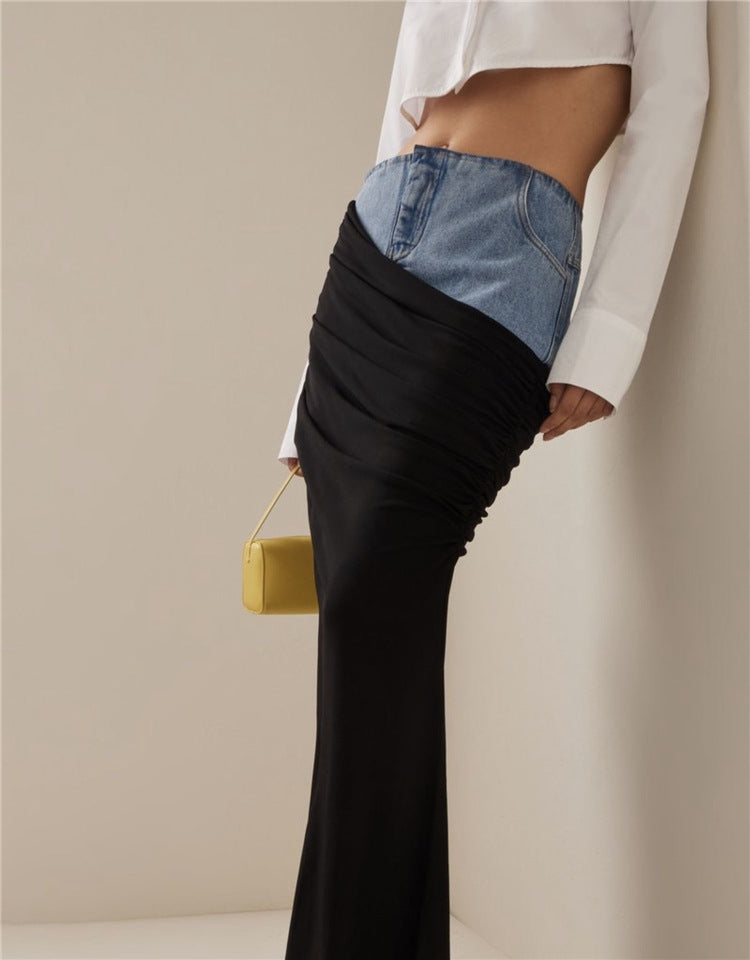 Blue Denim Patchwork Color Block Ruched Zipper Skirt