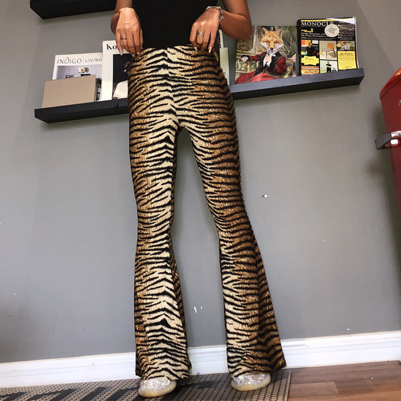 Leopard Print Elastic High Waist Bell-bottom Pants Women Long Women Clothing