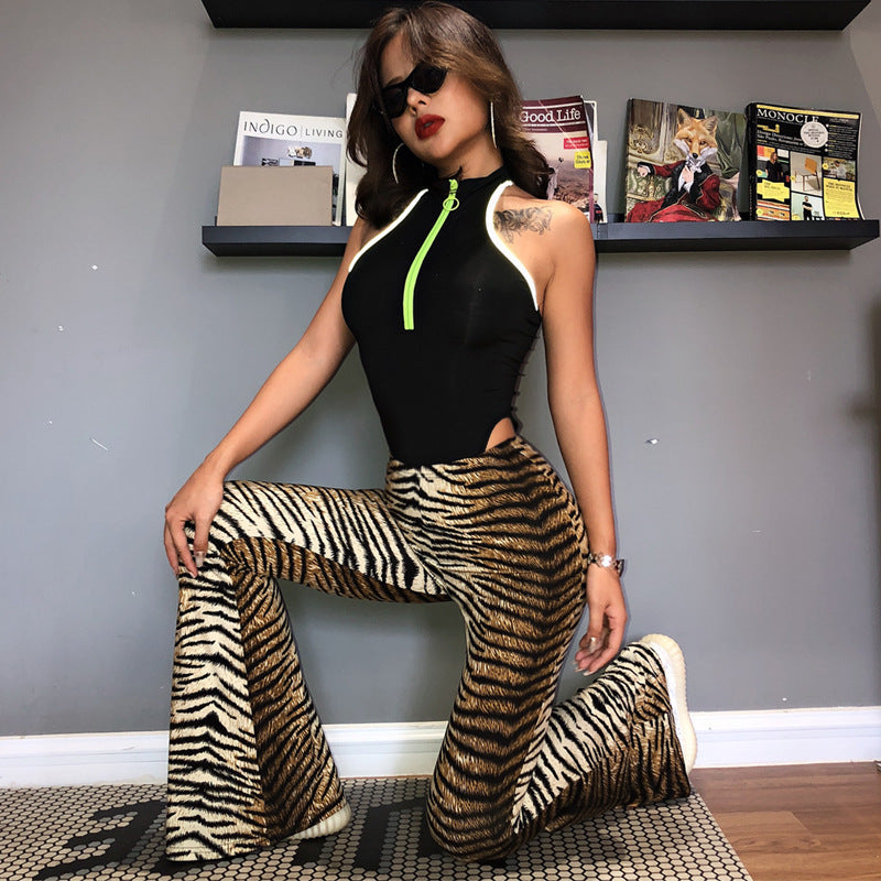 Leopard Print Elastic High Waist Bell-bottom Pants Women Long Women Clothing