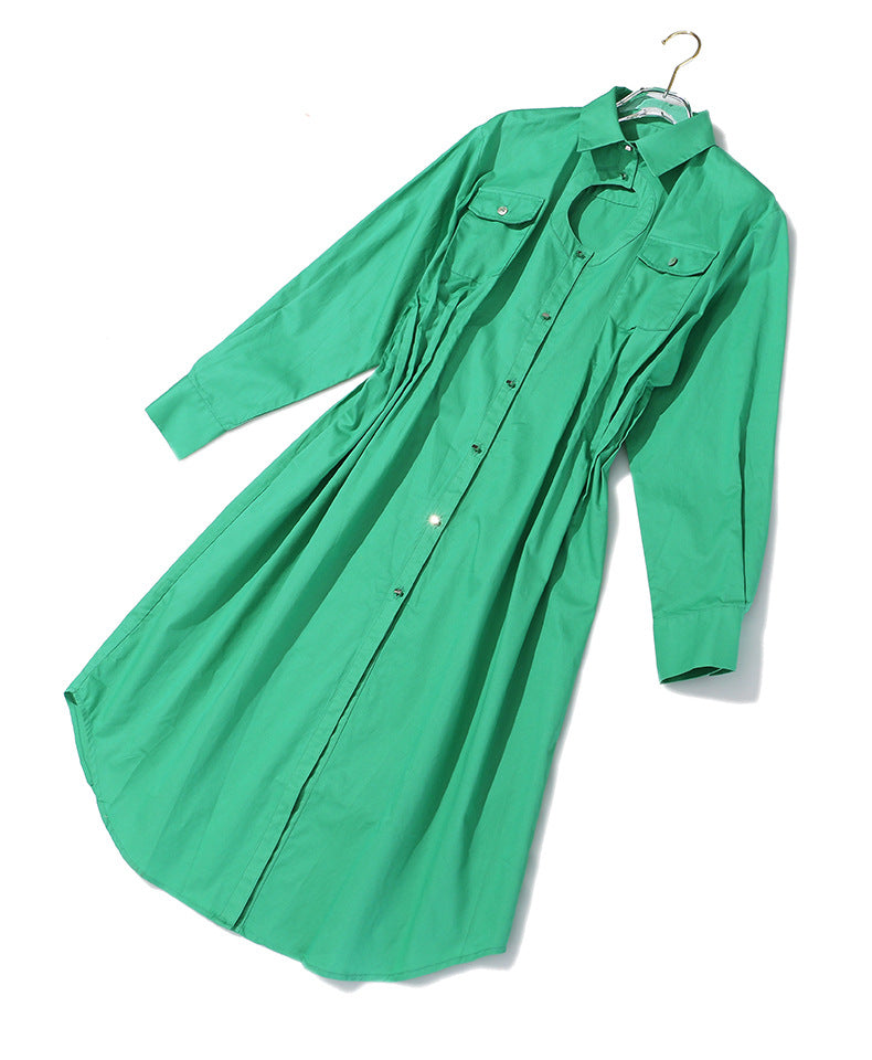 Geometric Abstract Round Hollow Out Cutout Pleated Waist Tight Cotton Shirt Dress