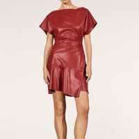 Deep Women Slim Fit Pleated Decorative Leather Short Sleeve Dress