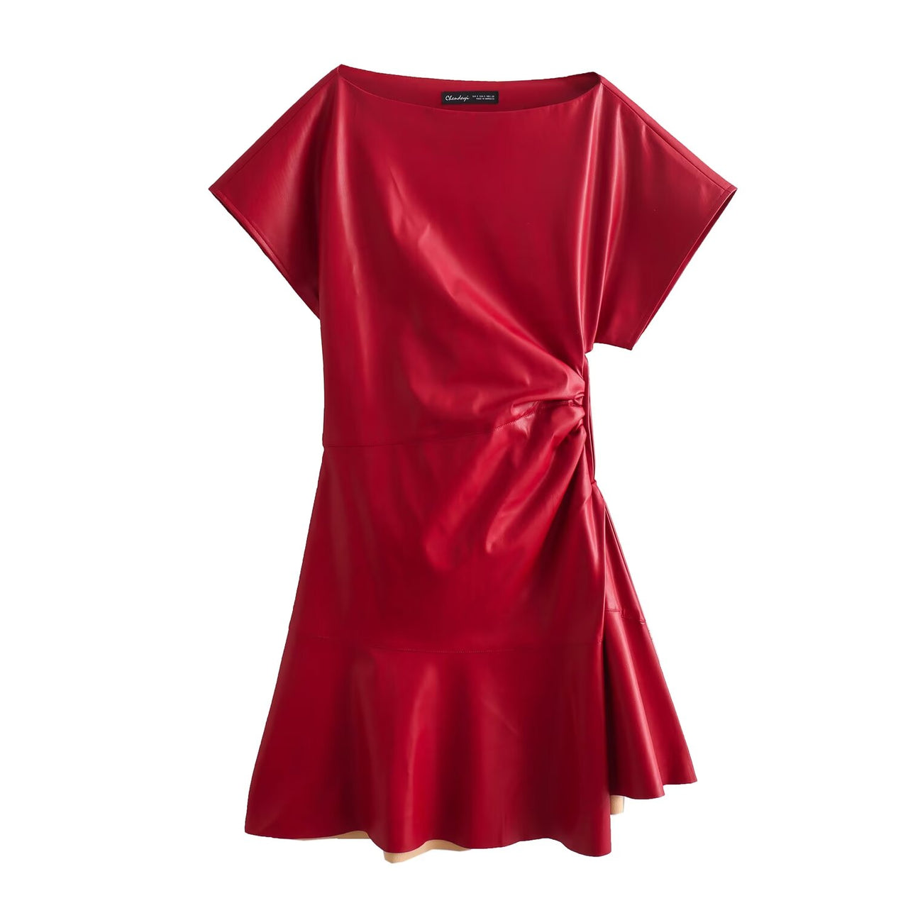 Deep Women Slim Fit Pleated Decorative Leather Short Sleeve Dress