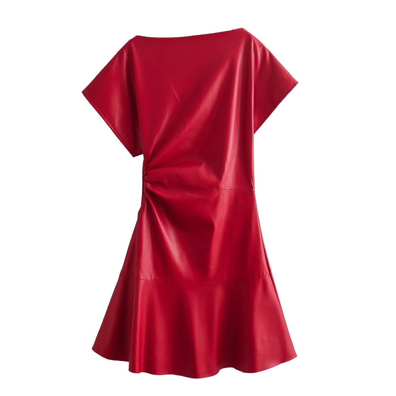 Deep Women Slim Fit Pleated Decorative Leather Short Sleeve Dress
