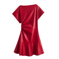 Deep Women Slim Fit Pleated Decorative Leather Short Sleeve Dress