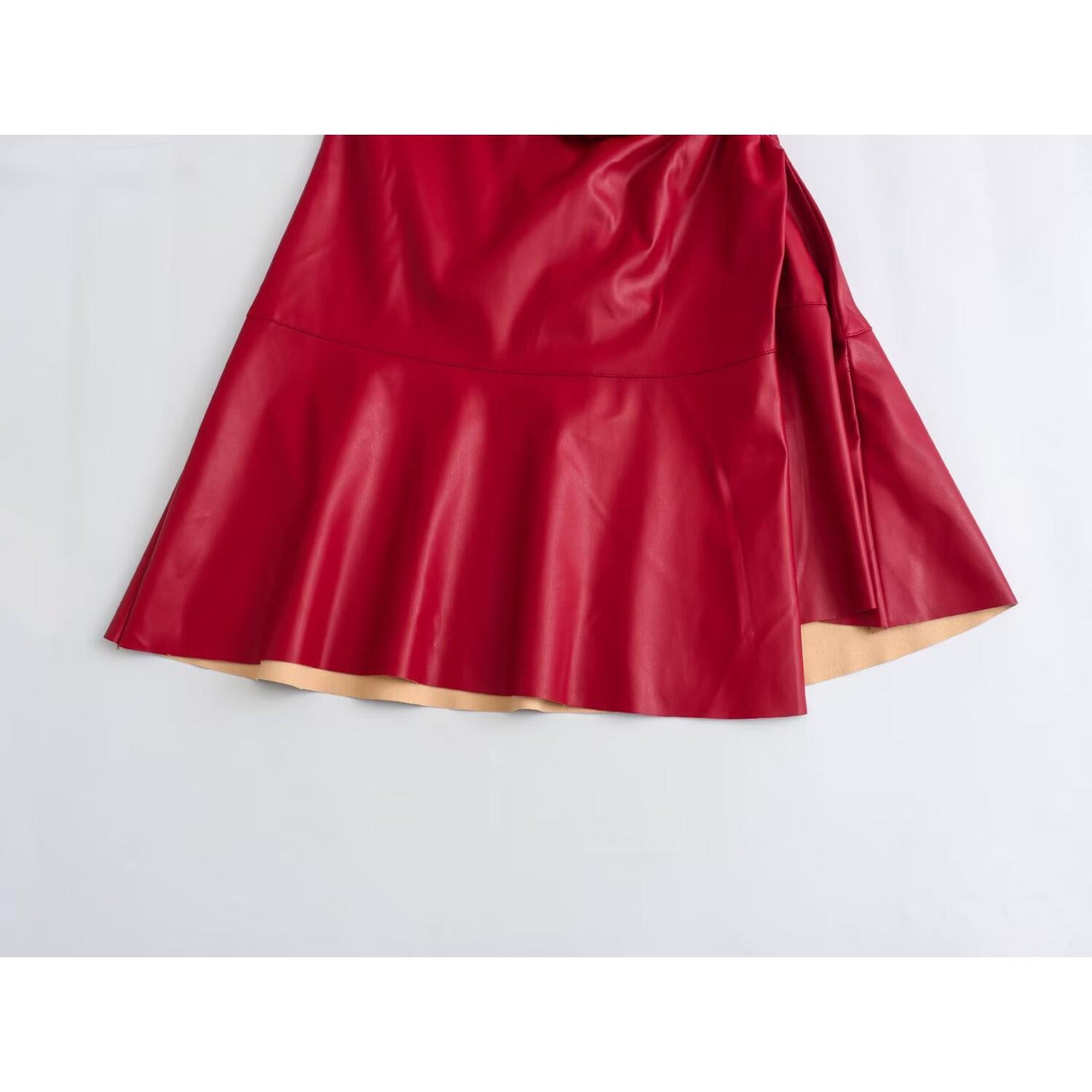 Deep Women Slim Fit Pleated Decorative Leather Short Sleeve Dress