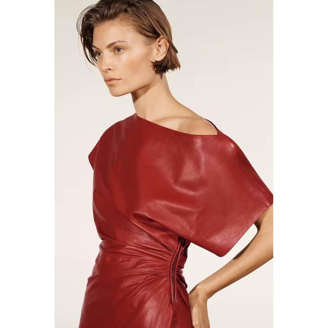 Deep Women Slim Fit Pleated Decorative Leather Short Sleeve Dress
