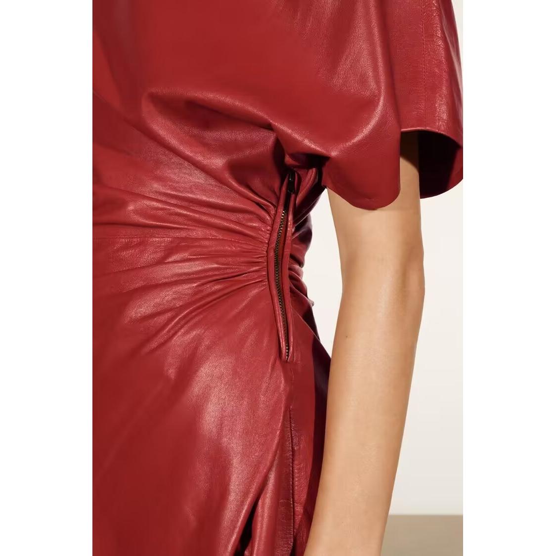 Deep Women Slim Fit Pleated Decorative Leather Short Sleeve Dress