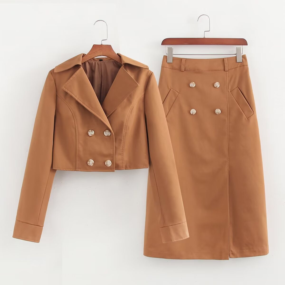 Earthtone Professional Spring And Autumn Lapel Skirt Set Neutral