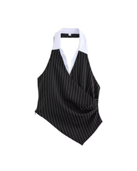 Black Women Spring Striped Stitching Hanging Collar Slim Vest Top