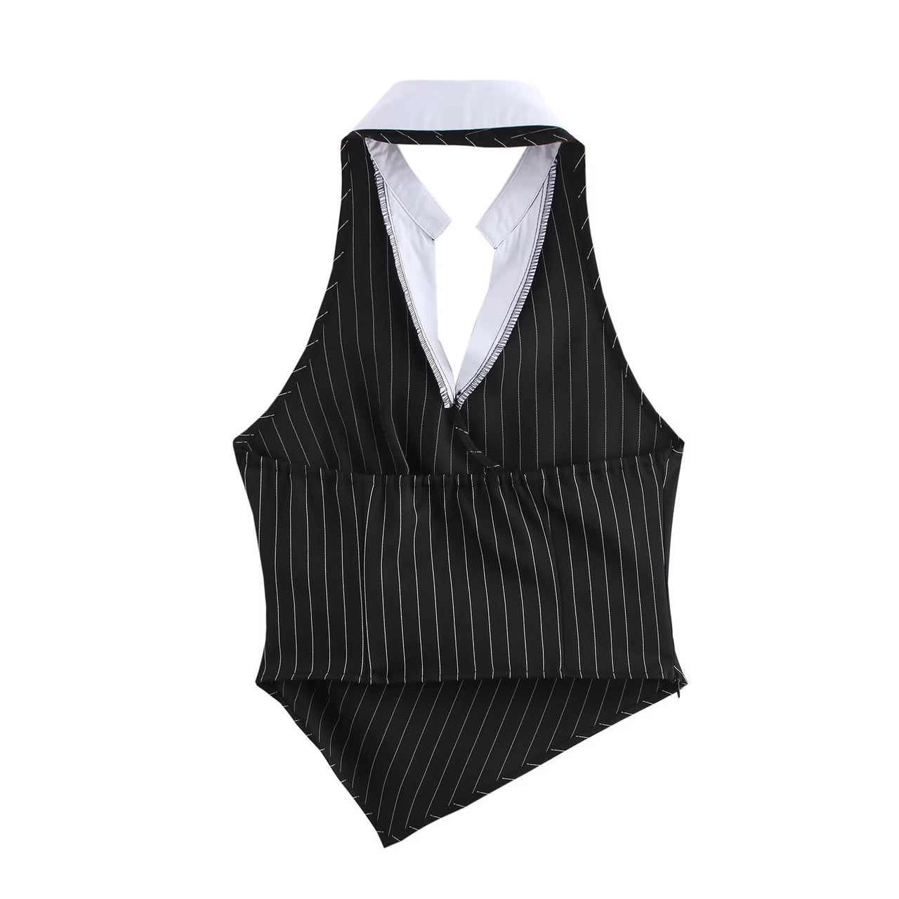 Black Women Spring Striped Stitching Hanging Collar Slim Vest Top