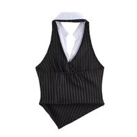 Black Women Spring Striped Stitching Hanging Collar Slim Vest Top