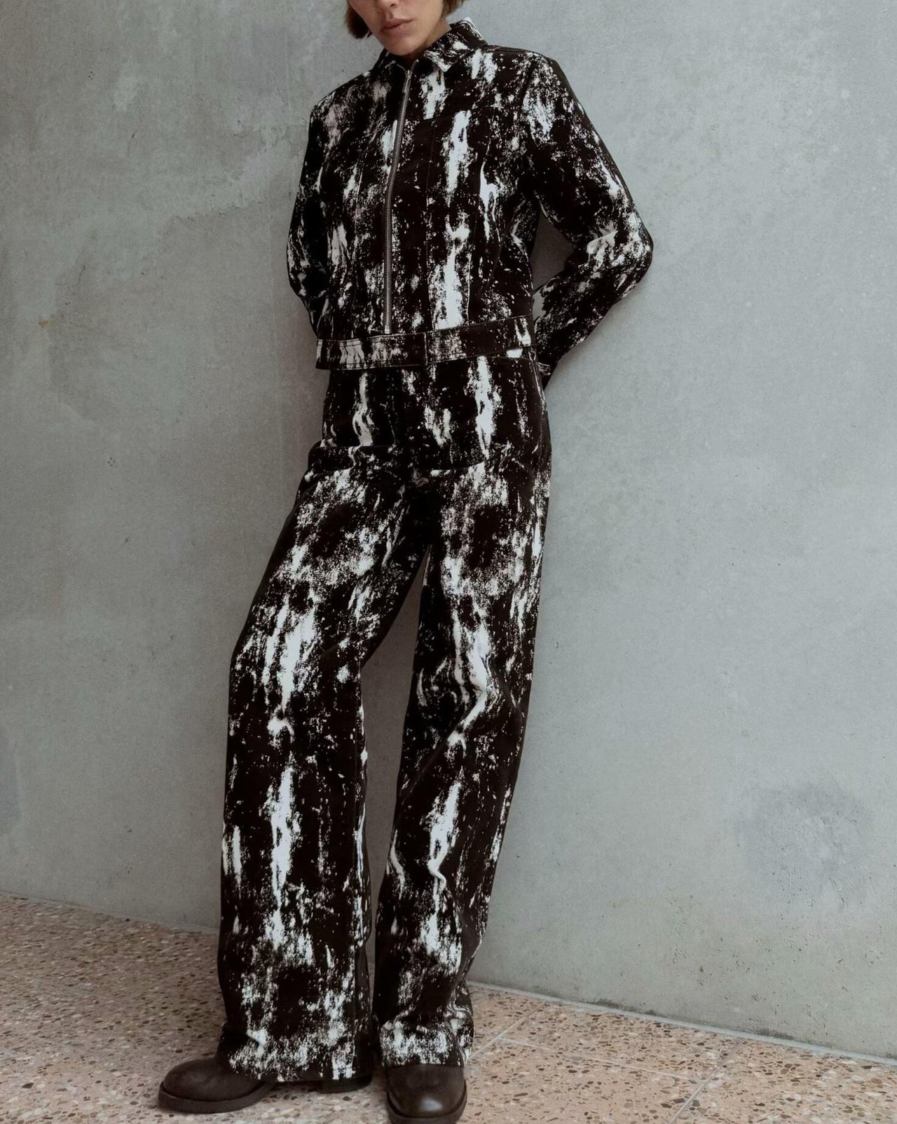 Black Women Clothing Women Animal Print Flocking Jacket Coat with Belt Pant Set