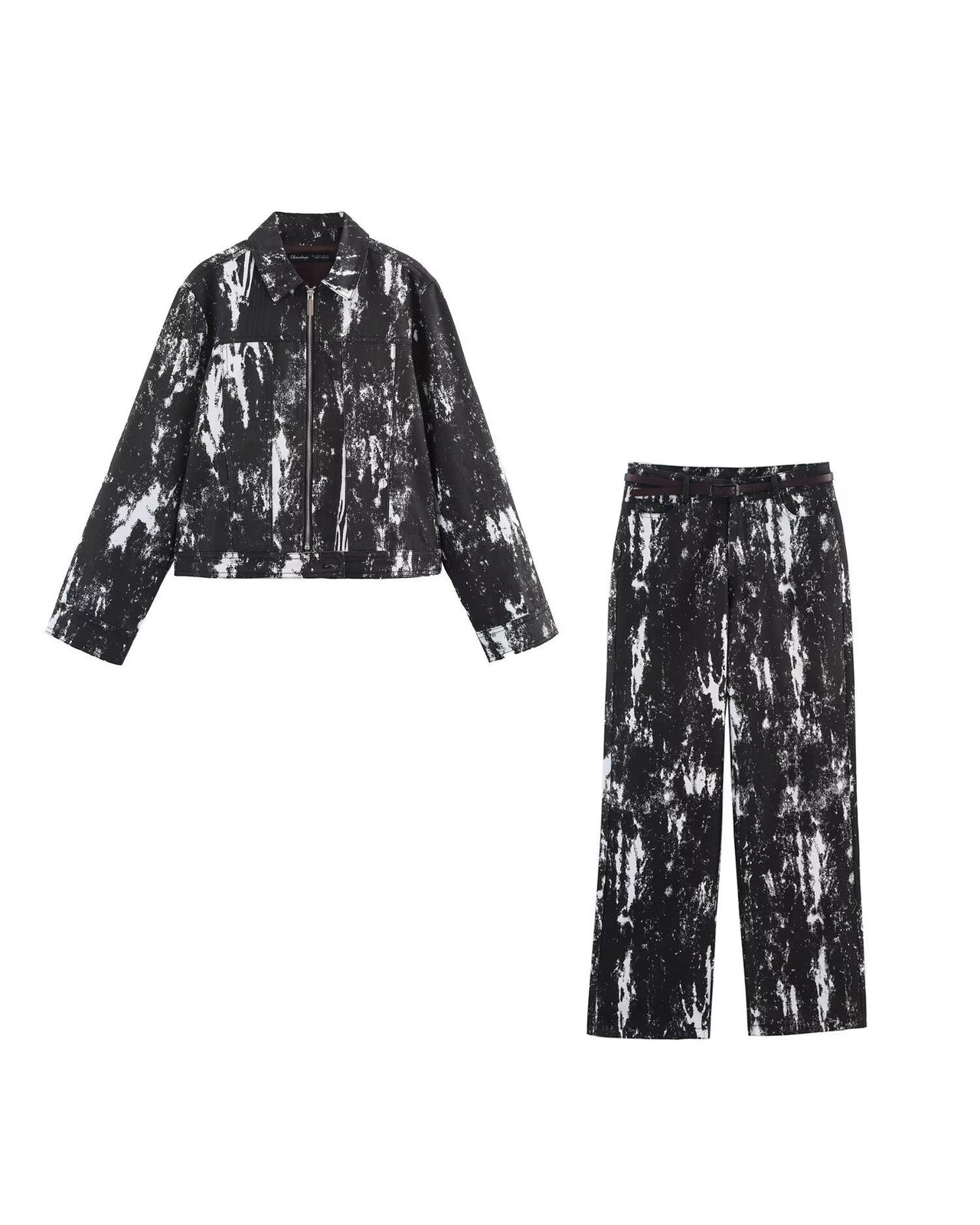 Black Women Clothing Women Animal Print Flocking Jacket Coat with Belt Pant Set