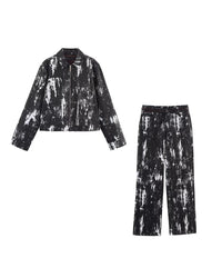 Black Women Clothing Women Animal Print Flocking Jacket Coat with Belt Pant Set