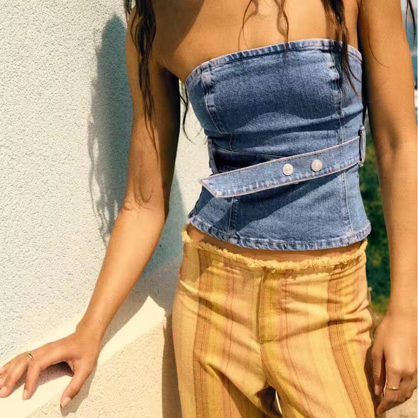 Blue Women Waist Band Elastic Tube Top