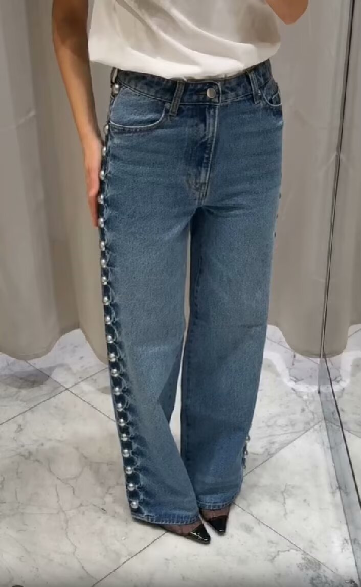 Blue Women Clothing Summer Street Design Rivet Denim Straight Leg Pants