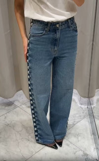 Blue Women Clothing Summer Street Design Rivet Denim Straight Leg Pants