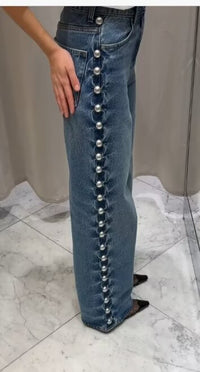 Blue Women Clothing Summer Street Design Rivet Denim Straight Leg Pants
