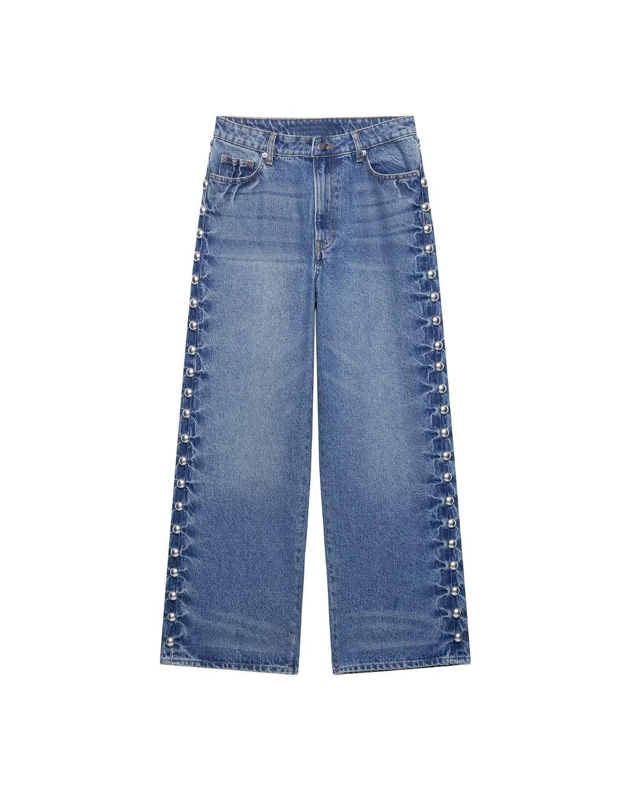 Blue Women Clothing Summer Street Design Rivet Denim Straight Leg Pants