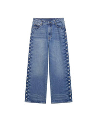 Blue Women Clothing Summer Street Design Rivet Denim Straight Leg Pants