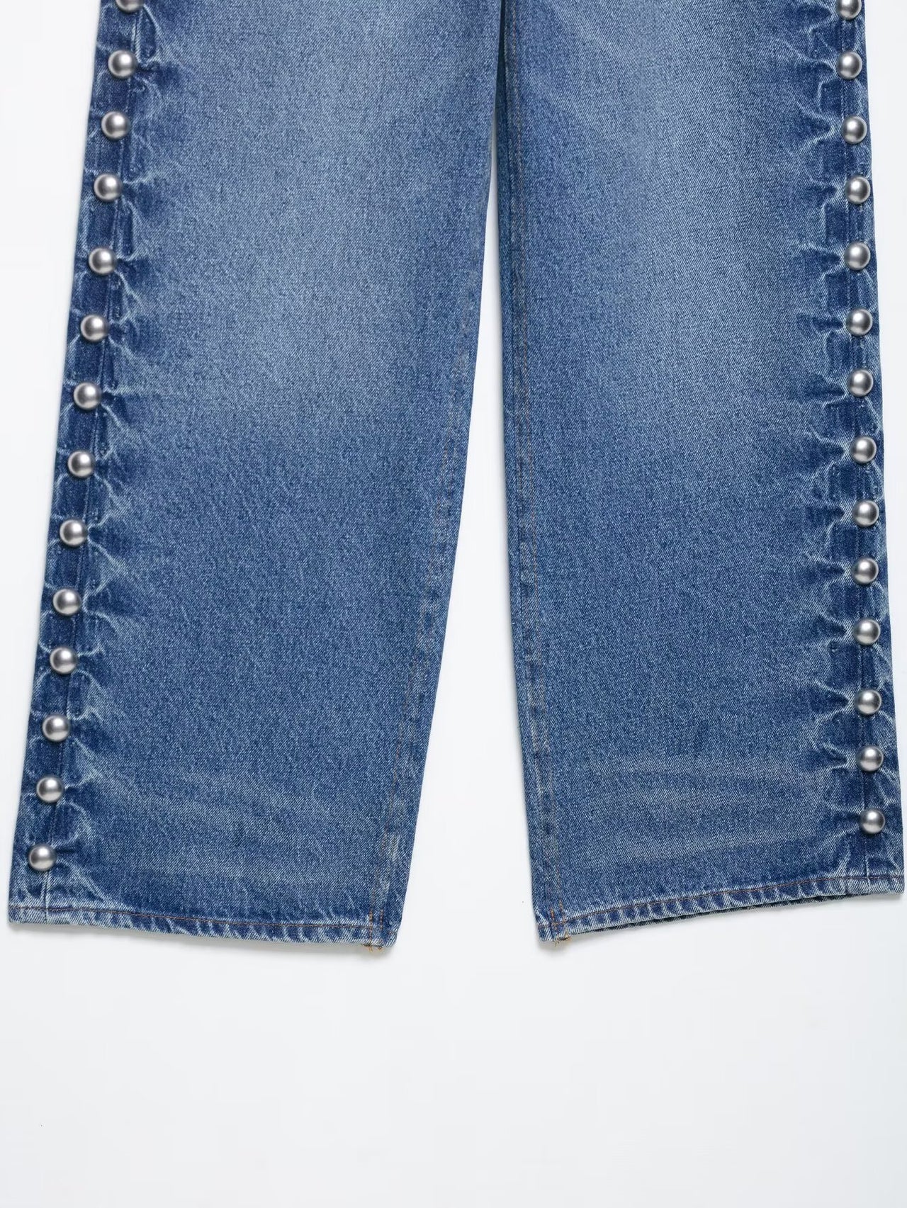 Blue Women Clothing Summer Street Design Rivet Denim Straight Leg Pants