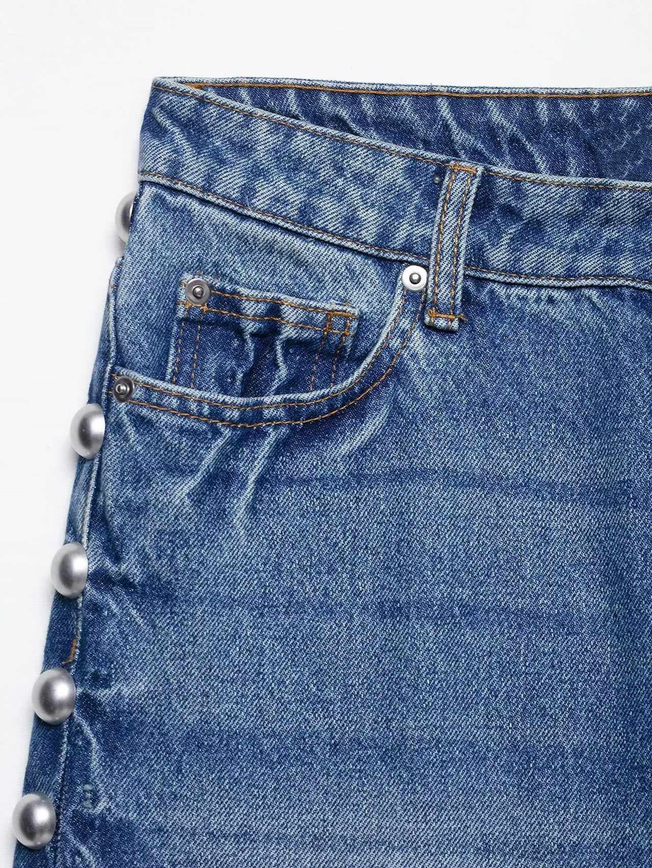 Blue Women Clothing Summer Street Design Rivet Denim Straight Leg Pants