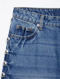 Blue Women Clothing Summer Street Design Rivet Denim Straight Leg Pants