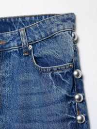 Blue Women Clothing Summer Street Design Rivet Denim Straight Leg Pants