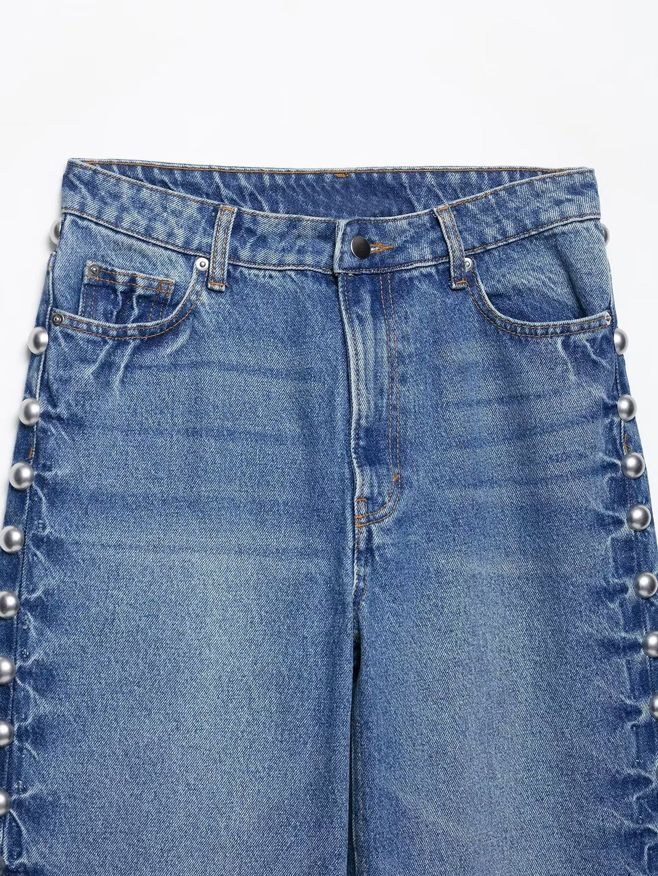 Blue Women Clothing Summer Street Design Rivet Denim Straight Leg Pants