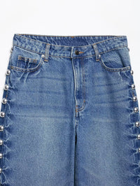Blue Women Clothing Summer Street Design Rivet Denim Straight Leg Pants