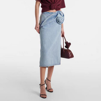 Blue Spring Summer Modern Urban Women Power Sense Three Pleated Rose Washed Denim Pencil Skirt