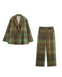 Earthtone Fall Women Clothing Plaid Blazer Cropped Trousers Pant Set