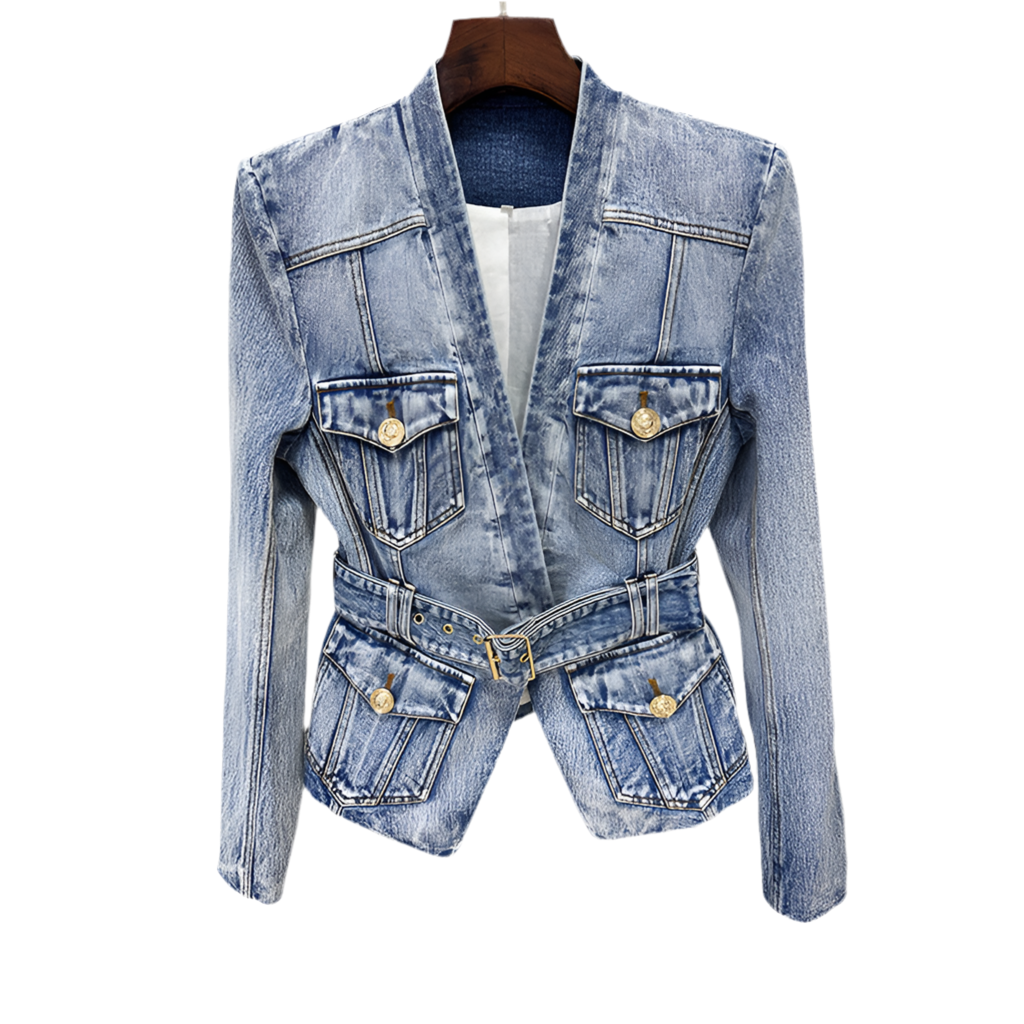 Early Autumn Stars Slim Fit Belt Washed Denim Blazer Jacket
