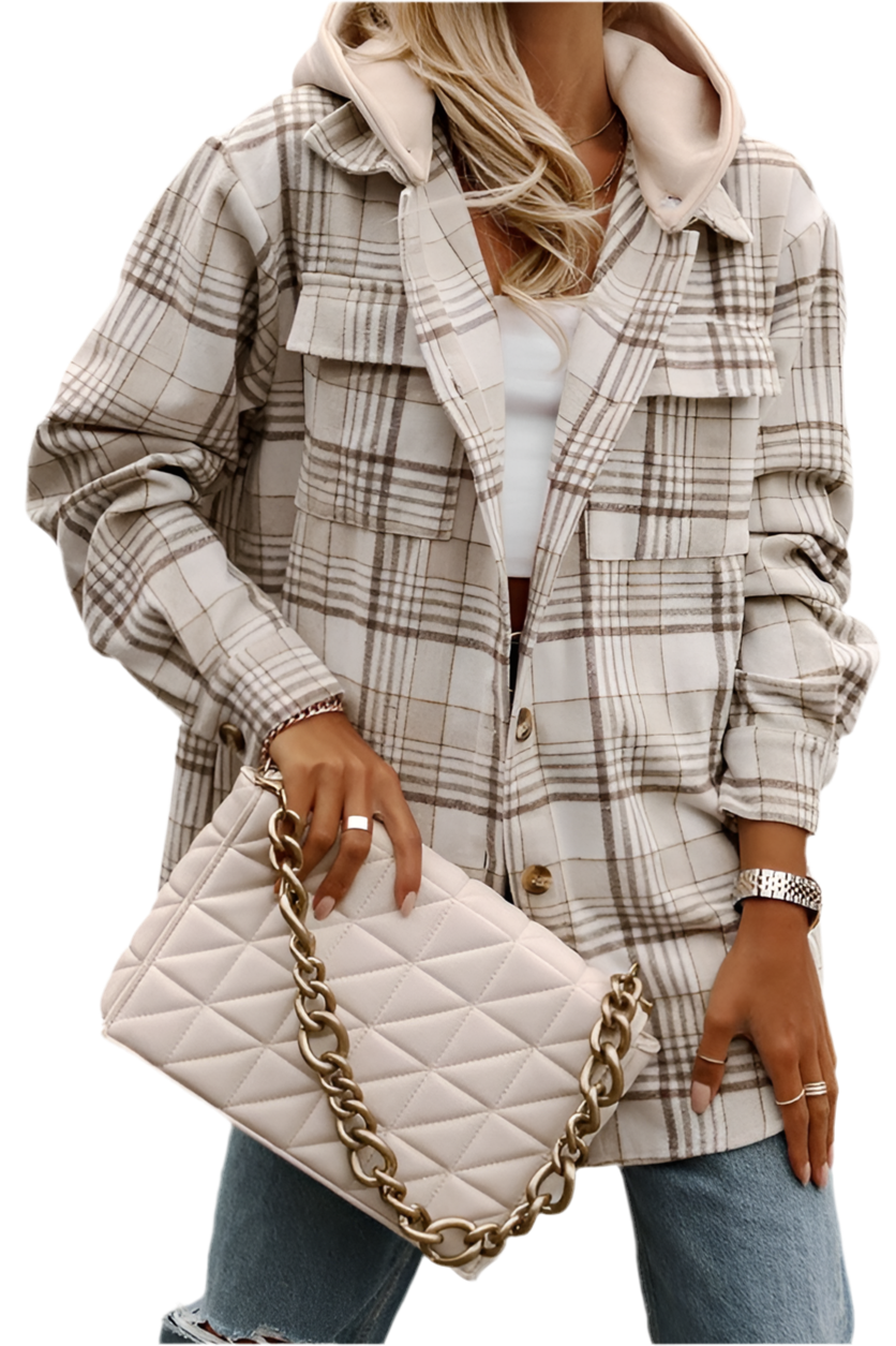 Khaki Plaid Removable Hood Buttoned Shacket Jacket
