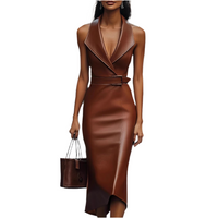 Women Wear Elegant Graceful Waist Belt Asymmetric Hip Faux Leather Dress