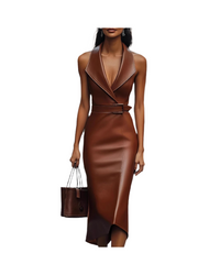 Women Wear Elegant Graceful Waist Belt Asymmetric Hip Faux Leather Dress