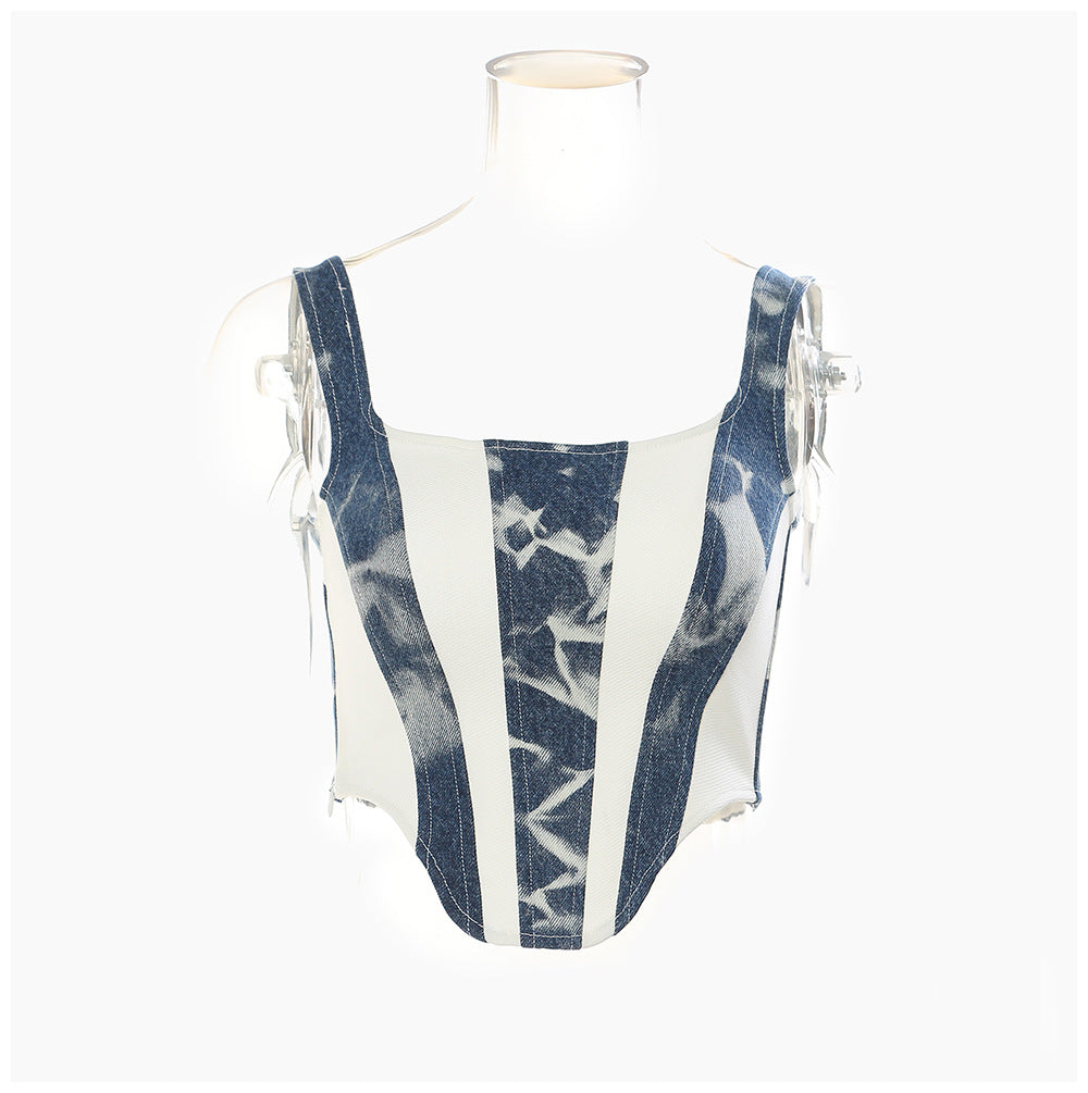 Stitching Contrast Color Washed Denim Slim Top Vest Camisole Women