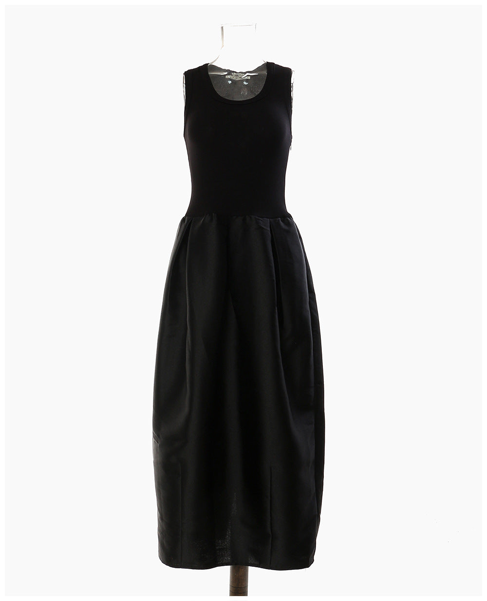 Black Knitted High Elastic Vest Stitching Hem Girl Dress