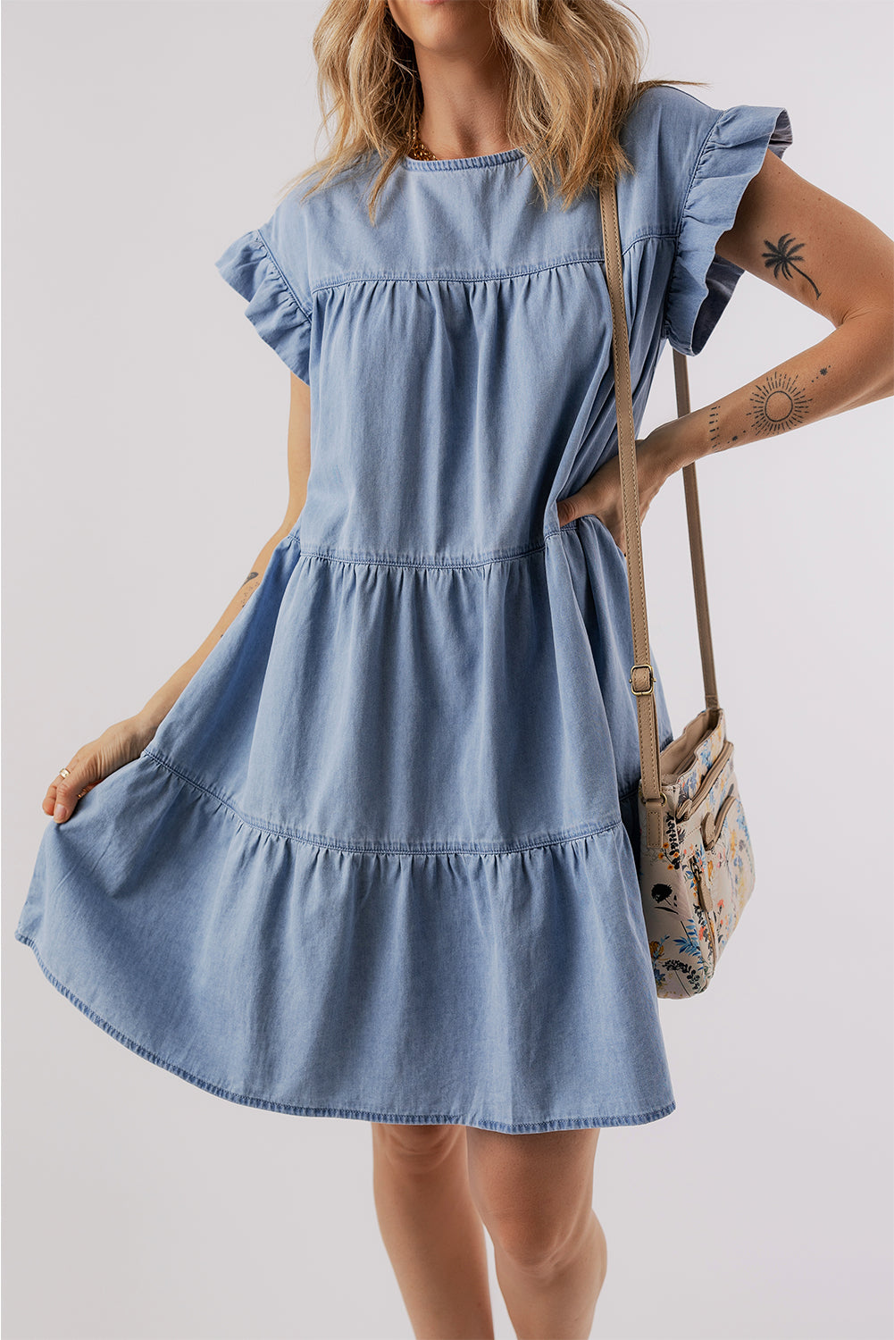 Beau Blue Ruffle Short Sleeve Tiered A-line Denim Dress - Modestly Vogue