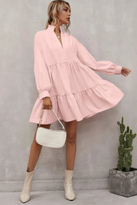 Pink Frilled Stand Collar Long Sleeve Ruffle Dress - Modestly Vogue
